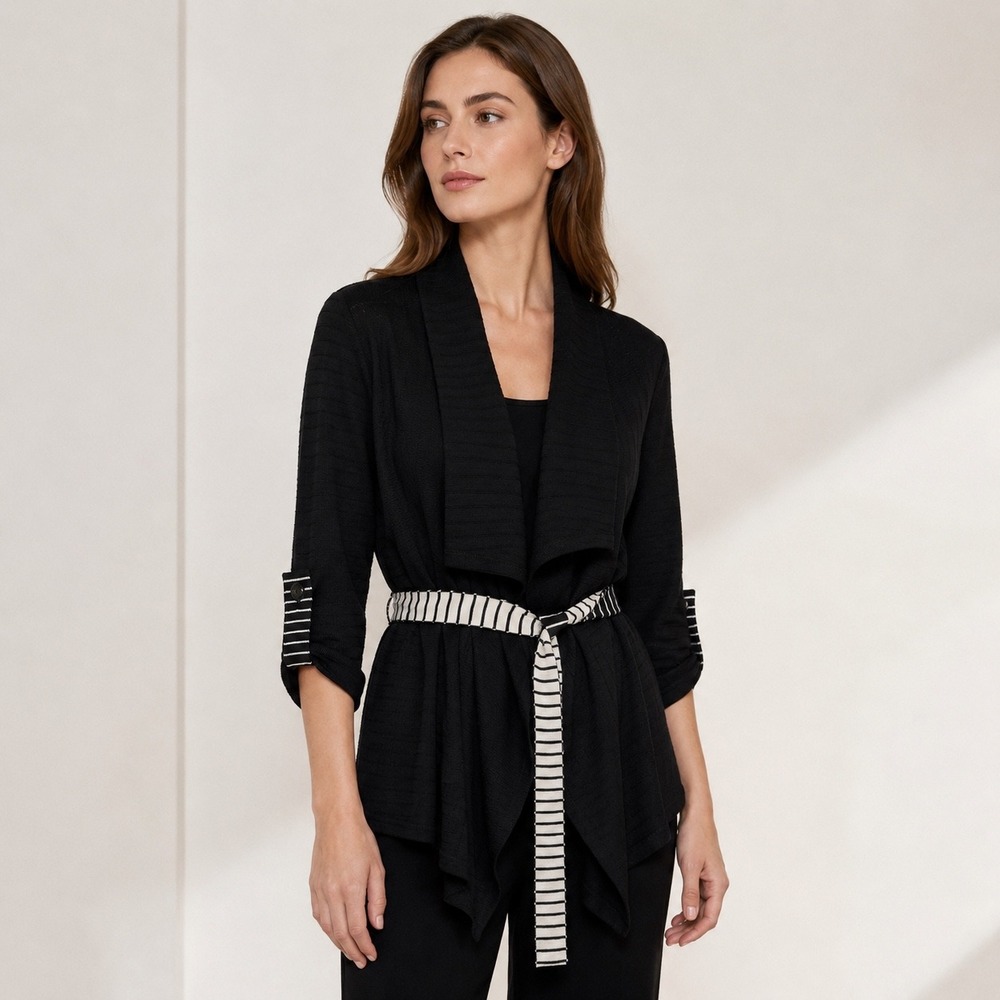 St John Black Wool Blend Belted Wrap Cardigan Sweater Striped Trim Small‎